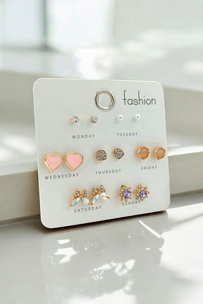 Çlk Accessories Colorful Heart Swelling 7 Teeth Premium Earring Set 35684