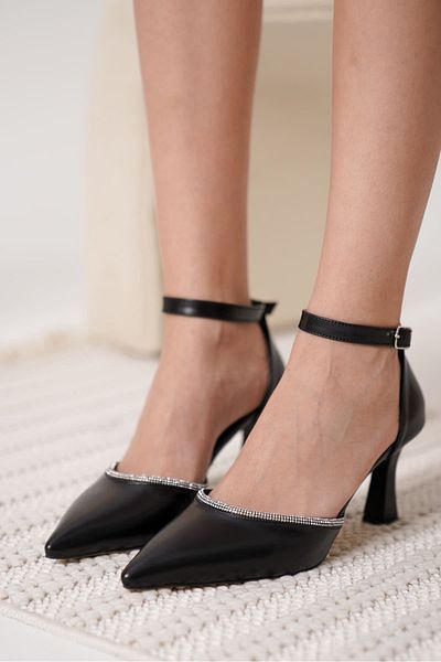 stoneclass Women's Black Vegan Skin, Stone Evening Dress Shoes, Thin Heels, For the Most Stylish Steps on Your Special Occasions