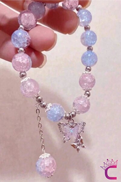 Cinderella Pembe Aytaşı Boncuklu Zirkon Taşlı Kelebekli Kız Çocuk Bileklik - Hediyelik Takı Aksesuar