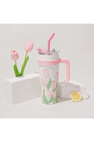 DILLER Lale Desenli Pipetli Yalıtımlı 1200ml 12 Saate Kadar Sıcak/Soğuk Bardak Gövdeli Termos