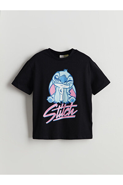 LC Waikiki تي شيرت بناتي مطبوع برقبة دائرية باللون الأسود من LCW Kids