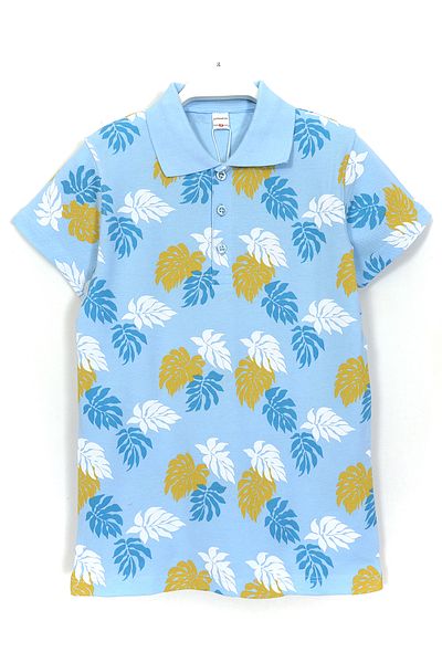 DobaKids Leaf Patterned Summer Polo Neck Boy's T-Shirt Blue