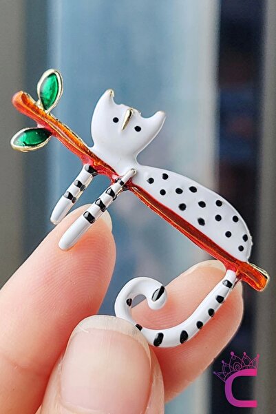 Cinderella Sevimli Beyaz Kedi Broş - Kedili Hediyelik Aksesuar Çanta Şapka Elbise Ceket Yaka İğnesi Broşu