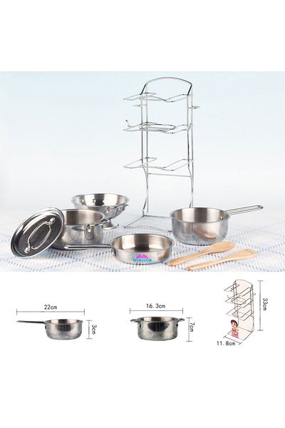 hediyecik Metal Pots Pans with Toy Shelf Kitchen Utensils Set 8 Pieces