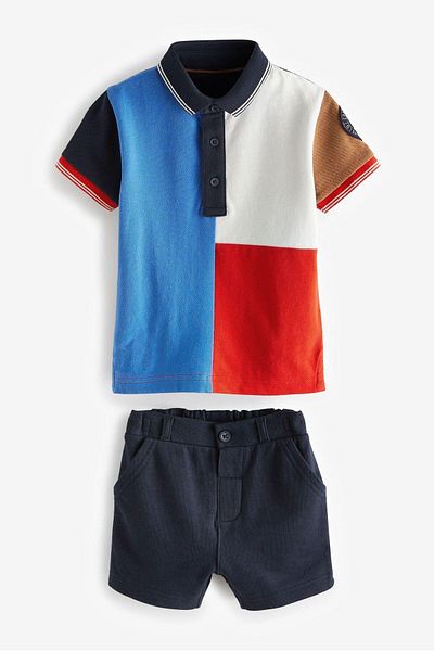 Magu Boy's Polo Collar Block Patterned Cotton T-shirt Shorts Bottom-Top Set