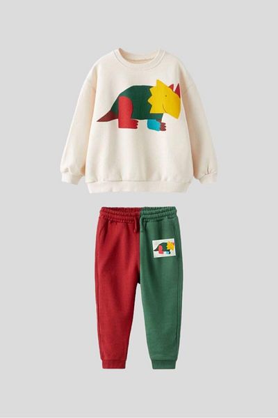 Magu Boy's Dinosaur Patterned Cotton Sweatshirt and Sweatpants Set
