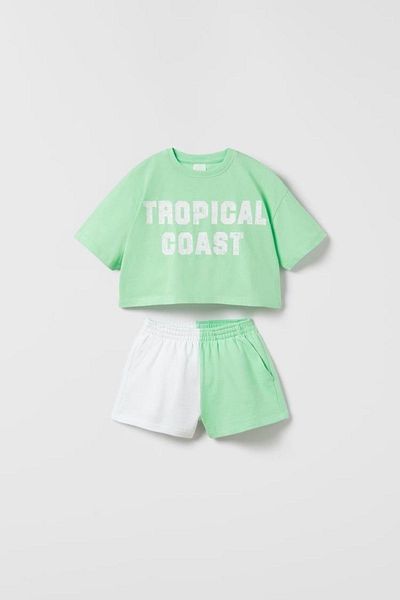 Magu Girl's Block Pattern Tropical Coast Printed Crop Top T-shirt Shorts Top and Bottom Set