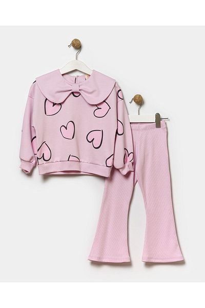 Magu Pink Heart Patterned Cotton Girls' Sweatshirt and Spanish Tights - Bottom-Top Set