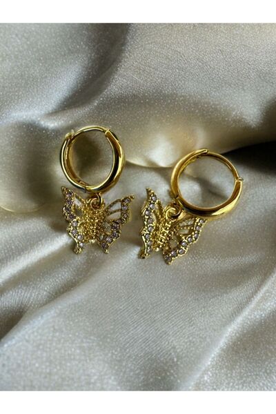 Arescollection rodyum kaplama zirkon taşlı kararmaz 1 çift kelebekli halka küpe