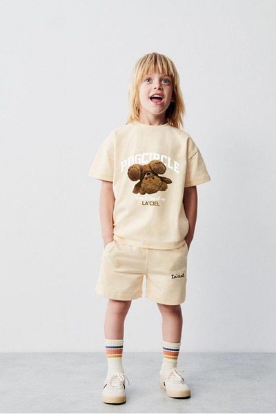 Magu Unisex Children's Coffee Teddy Teddy Bear Patterned Cotton T-shirt Shorts Bottom-Top Set