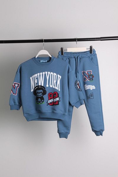 Magu Boy's Blue New York Patterned Winter 3 Thread Cotton Hooded Sweatshirt Tracksuit Top and Bottom Set