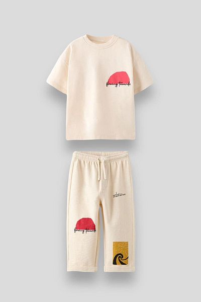 Magu Unisex Kids Ecru Figured Cotton T-shirt Tracksuit Top and Bottom Set
