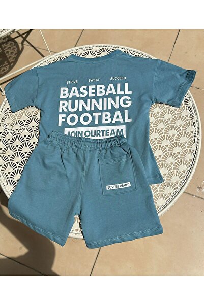 Magu Unisex Blue College Patterned Cotton T-shirt Shorts Bottom-Top Set