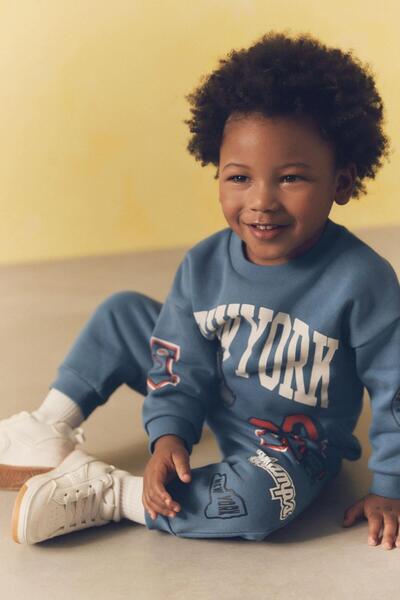 Magu Boy's Blue New York Patterned Winter 3 Thread Cotton Hooded Sweatshirt Tracksuit Top and Bottom Set