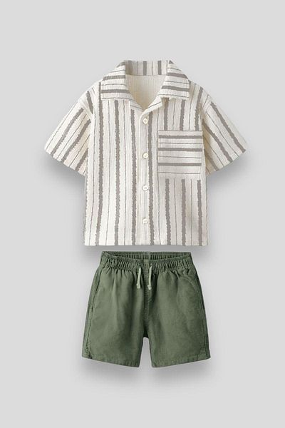 Magu Boy's Polo Collar Striped Shirt and Denim Shorts Set