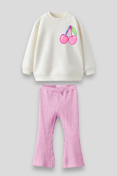 Magu Cherry Patterned Cotton Sweatshirt and Ribbed Leggings Set for Girls