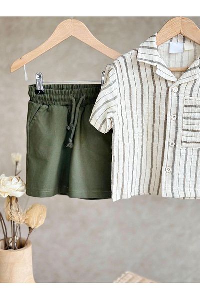 Magu Boy's Polo Collar Striped Shirt and Denim Shorts Set
