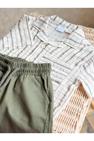 Magu Boy's Polo Collar Striped Shirt and Denim Shorts Set