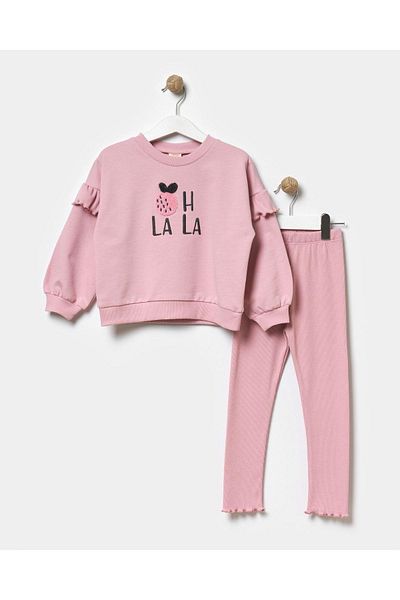 Magu Girl's Winter Cotton Frilly Sweatshirt Ribbed Tights Top and Bottom Set