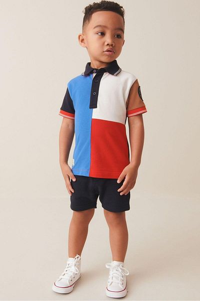 Magu Boy's Polo Collar Block Patterned Cotton T-shirt Shorts Bottom-Top Set