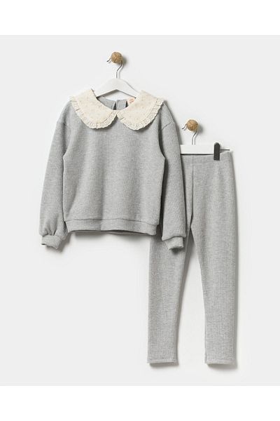Magu Girl's Purple Baby Collar Cotton Sweatshirt Tights Top and Bottom Set