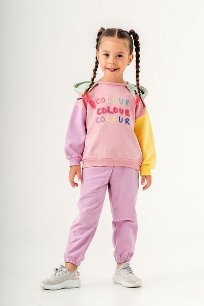 Magu Pink Colored Cotton Sweatshirt and Sweatpants Set for Girls