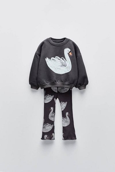 Magu Lányok fekete hattyú mintás téli 3 szál pamut pulóver, leggings felső szett