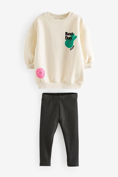 Magu Best Day Patterned Cotton Sweatshirt and Leggings Set for Girls