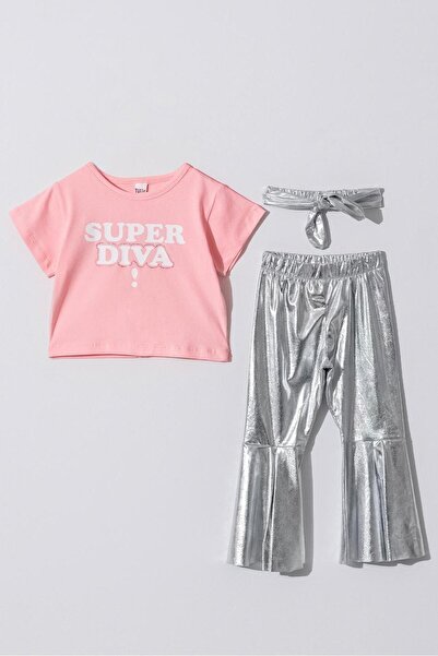 Magu Kız Çocuk Pamuklu Crop T-shirt Parlak Gri İspanyol Paça Alt-Üst Takım