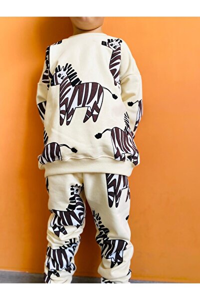 Magu Boy's Zebra Patterned Cotton Sweatshirt and Sweatpants Set