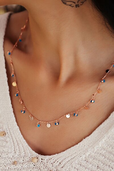 Papatya Silver Nazarlı Yuvarlak Pullu Sıra Kolye. Özel Üretim Rose Altın Kapl...