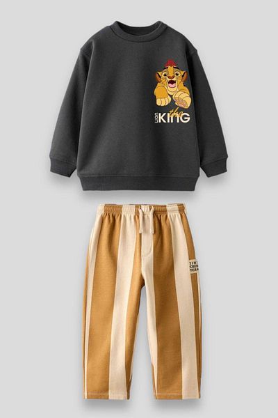 Magu Boy's Lion King Lion King Patterned Winter 3 Thread Cotton Sweatshirt Tracksuit Top and Bottom Set