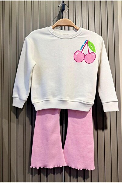 Magu Cherry Patterned Cotton Sweatshirt and Ribbed Leggings Set for Girls