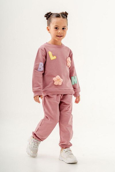 Magu Blom Pink Floral Patterned Cotton Sweatshirt and Sweatpants Set for Girls