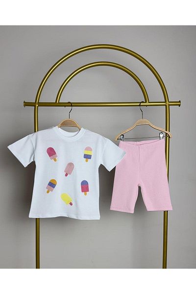 Magu Girl's Cotton Ice Cream Patterned T-shirt and Shorts Set - Süzezne Fabric