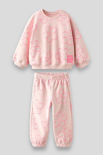 Magu Pink Floral Patterned Girl's Cotton Sweatshirt and Sweatpants Set