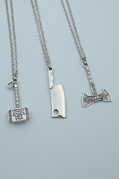 3-Piece Thor Hammer Line Double Sided Viking Axe Silver Plated Necklace Set