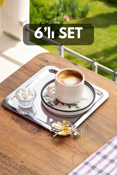 Metsar Home Lüx Kelebek Aksesuarlı Paslanmaz Çelik Kare 6’lı Gümüş Kahve, Çay...