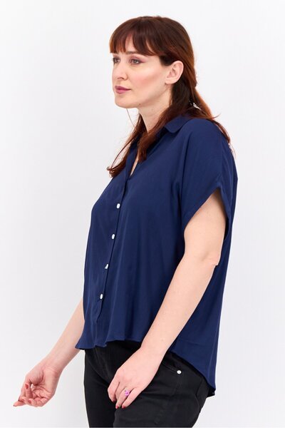Swiss Alps Women Split Neck Short Sleeve Plain Shirt, Navy Blue
