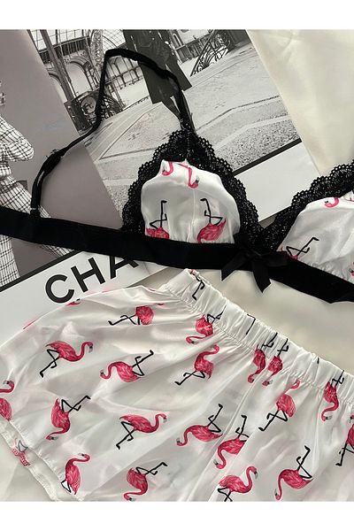 RoseOfNuit Flamingo Patterned Shorts Satin Suit