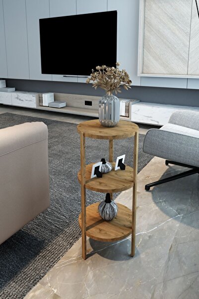 St Morritz Yuvarlak Miray Atlantik Çam 3 Raflı Yuvarlak Ahşap Sehpa / Çok Ama...