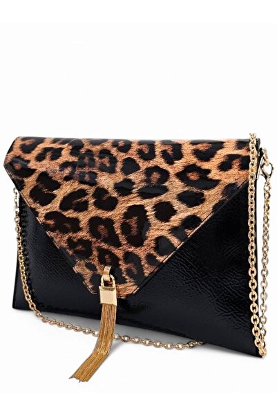 Evident Siyah Rugan & Leopar Desenli Zincir Askılı Kadın Portföy & Clutch Çanta