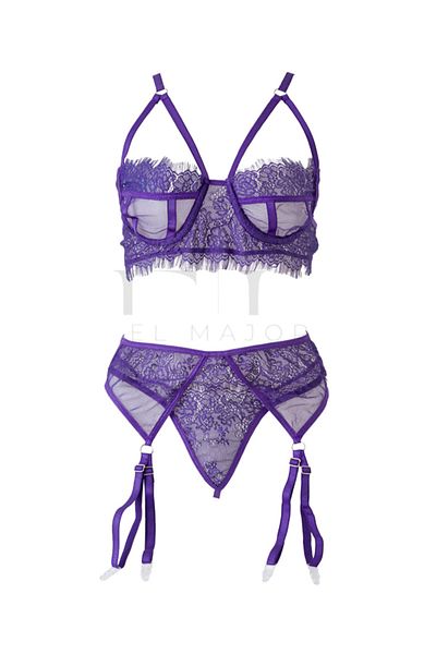 El Major Women's Purple Color Lace Stylish 4-Piece Garter Suit