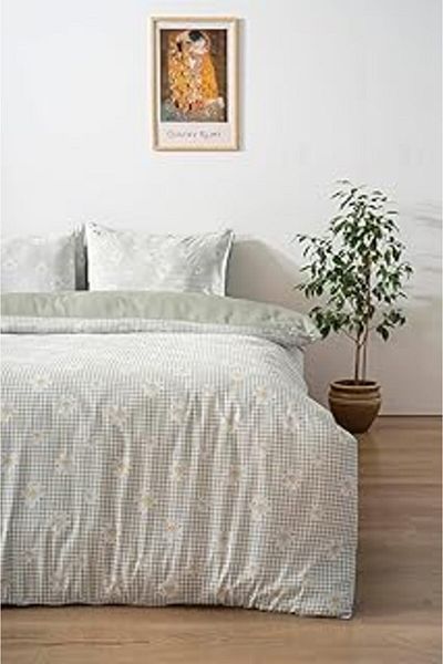 Hepta Collection Rivaistanbul Gingham Green Daisy Double Duvet Cover Set, Cotton