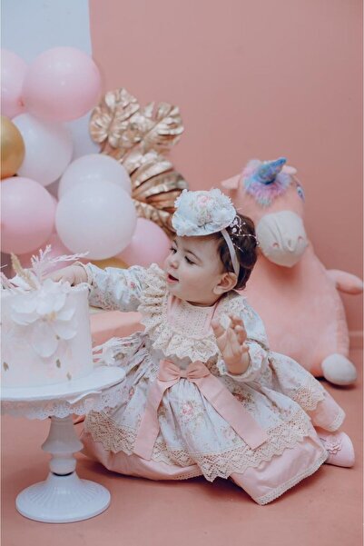 Linarookids Mint Yeşili Somon Vintage Kız Bebek Elbisesi,Doğum günü,fotoğraf ...