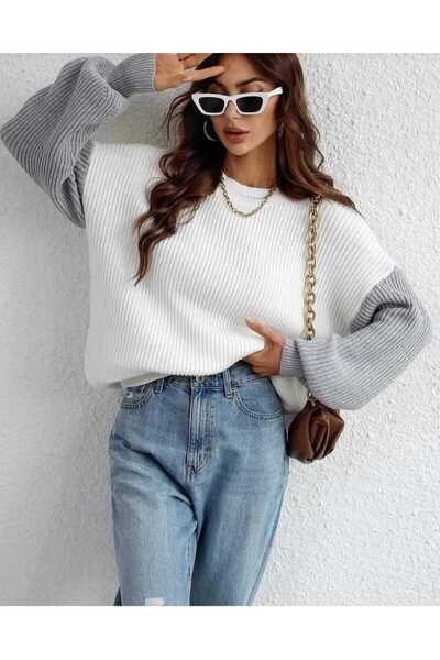 KOZİA OUTDOORS malkoçbey Kolu Renkli Selanik Örgü Bol Kesim Beyaz Kadın Kazak