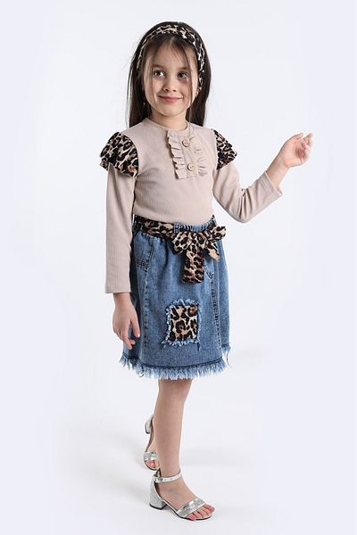 aden kids Belt and Bandana Suit with Denim Skirt