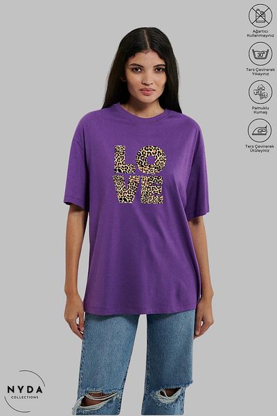 Nyda Collections Γυναικείο μπλουζάκι με κοντό μανίκι Leopard Love Heart με στάμπα από βαμβακερό oversize