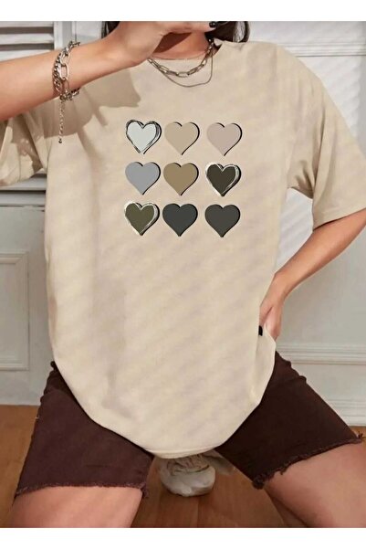 KOZİA OUTDOORS Oversize Heart Printed Basic Γυναικείο T-Shirt Καθημερινή Άνετ...