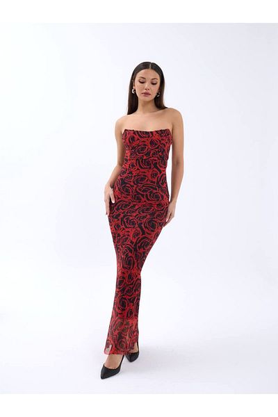 MONETA ANİTA Underwire Rose Patterned Fish Form Tulle Dress